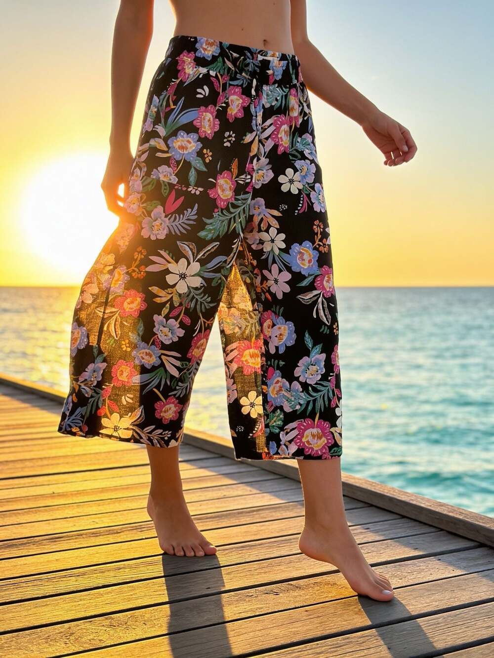 C&C California Women's Floral Print 100% Linen Wide Leg Beach Pants